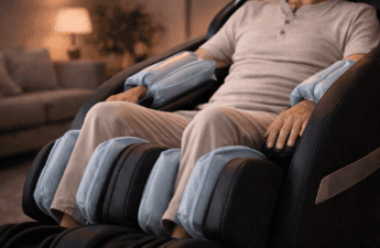 Person sidder i massagestol med luftmassage, hvor airbags masserer arme og ben.