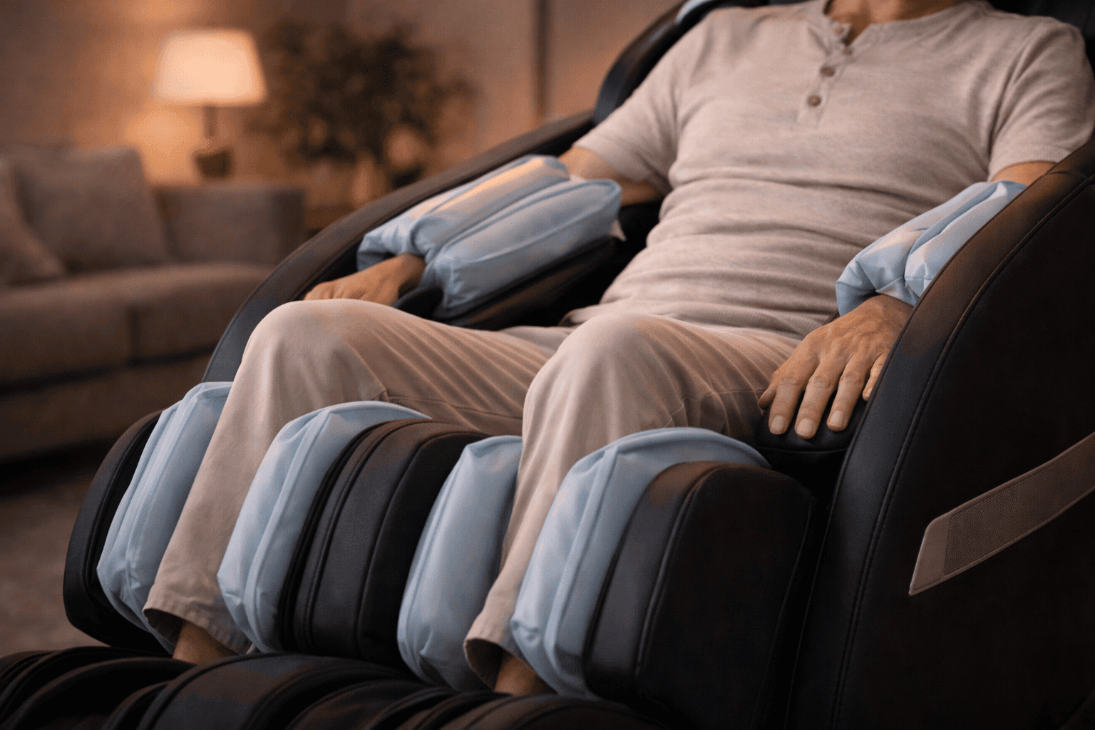 Person sidder i massagestol med luftmassage, hvor airbags masserer arme og ben.
