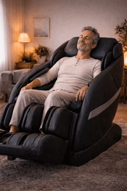 mand sidder afslappet i massagestol til privat brug i hjemmet