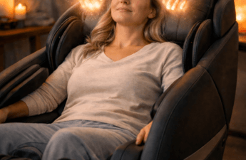 Kvinde i massagestol med fokus på afslapning, restitution og velvære