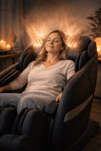 Kvinde i massagestol med fokus på afslapning, restitution og velvære