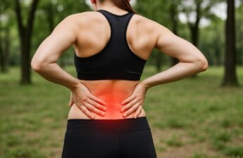 Kvinde holder sig til lænden med rødt smertefelt – illustration af lændesmerter