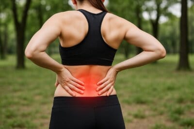 Kvinde holder sig til lænden med rødt smertefelt – illustration af lændesmerter